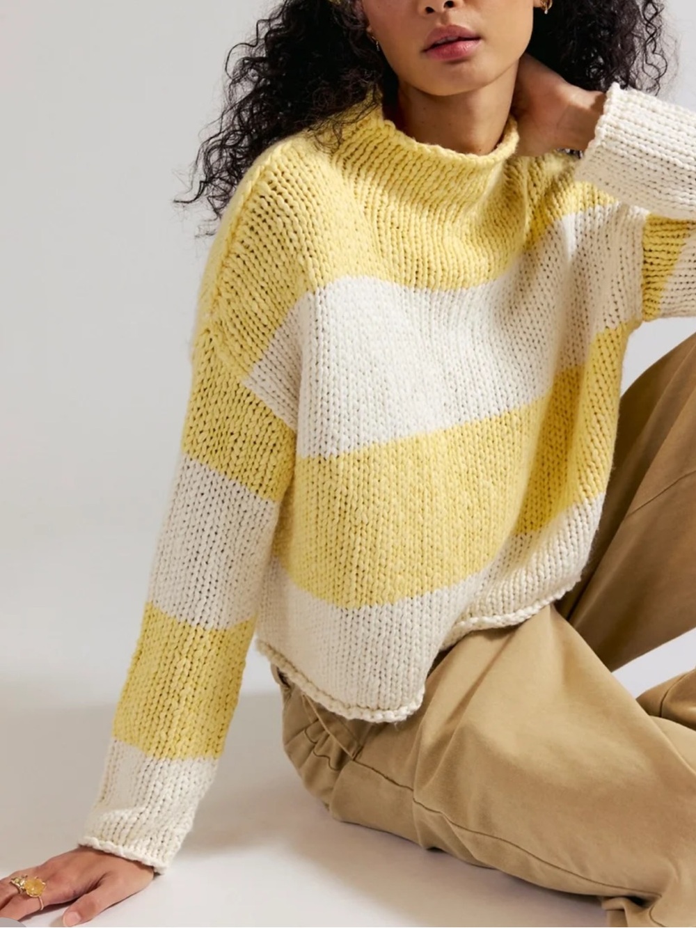 Free People Opal Rollneck Striped Sweater in Lemon